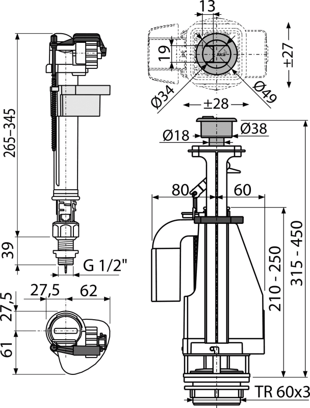 Выпускной комплект с двойной кнопкой 1/2" нижняя подводка SA08AS - Слайд 2